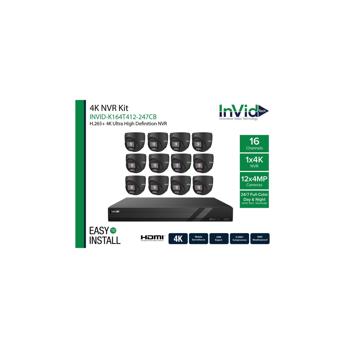 INVID-K164T412-247CB: (1) 16 Channel NVR + (12) 4-Megapixel Cameras - INVID-K164T412-247CB