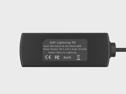 POE-GAF-LIGHTNING-PD - POETexas GAF-LIGHTNING-PD PoE adapter is designed to deliver both 5 volts 12 watts of continuous power plus wired 10/100 data to iPad
