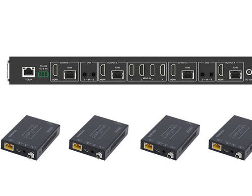 SMP-MX44KT - SImplified Mfg MX44KT 4x4 HDMI Matrix w/receivers. Scales HDMI/UTP. IR control from display. 1RU